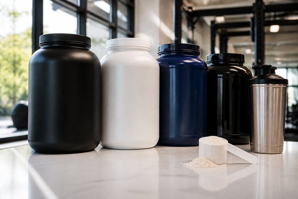 Close-up of four protein powder supplement containers arranged on a clean white gym counter, with a stainless steel shaker bottle and measuring scoop positioned in front, bright natural window lighting casting soft shadows