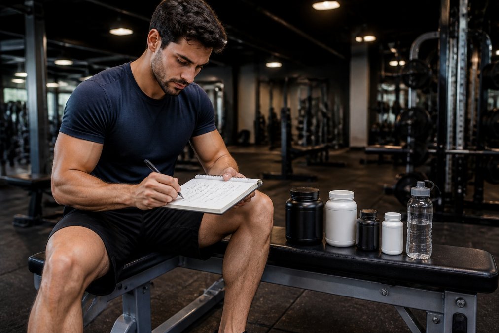 Active adult male athlete seated on a gym bench reviewing a handwritten supplement plan on a notepad, with five supplement bottles and a full water bottle arranged beside him on the bench, overhead gym lighting, focused expression