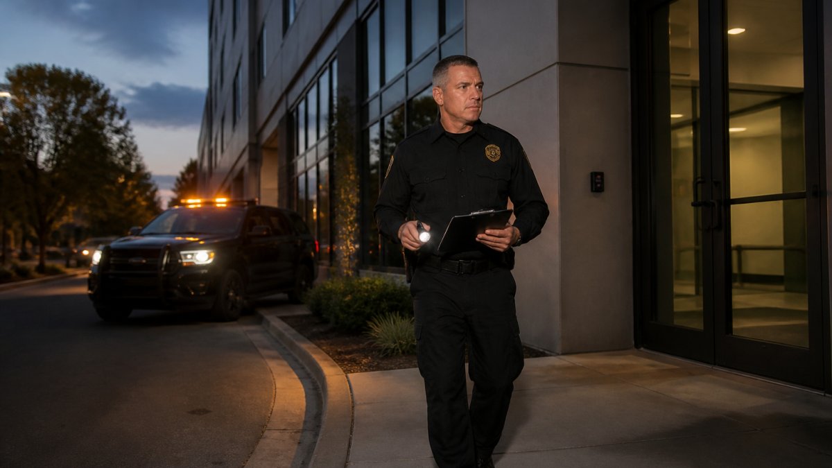 Florida security guard patrolling the exterior of a commercial office building at dusk with a patrol vehicle.