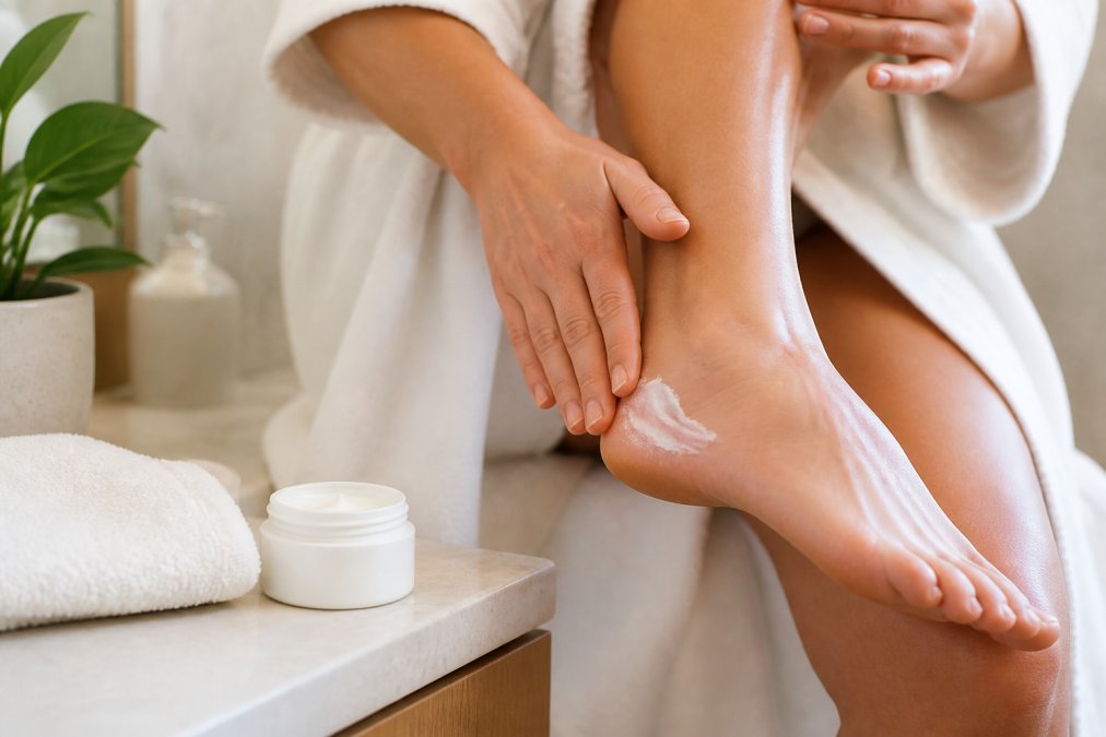 Close-up of a person's hands applying thick white foot cream to their heels while sitting on a bathroom counter, with a jar of cream and soft towel nearby in warm natural light