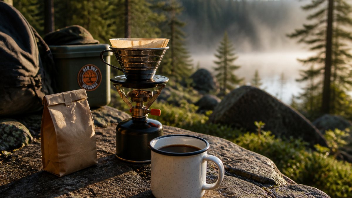 A weathered enamel mug filled with dark coffee resting on a flat rock beside a small camp stove, with a pour-over cone and a bag of coffee grounds nearby, pine trees and morning mist in the background