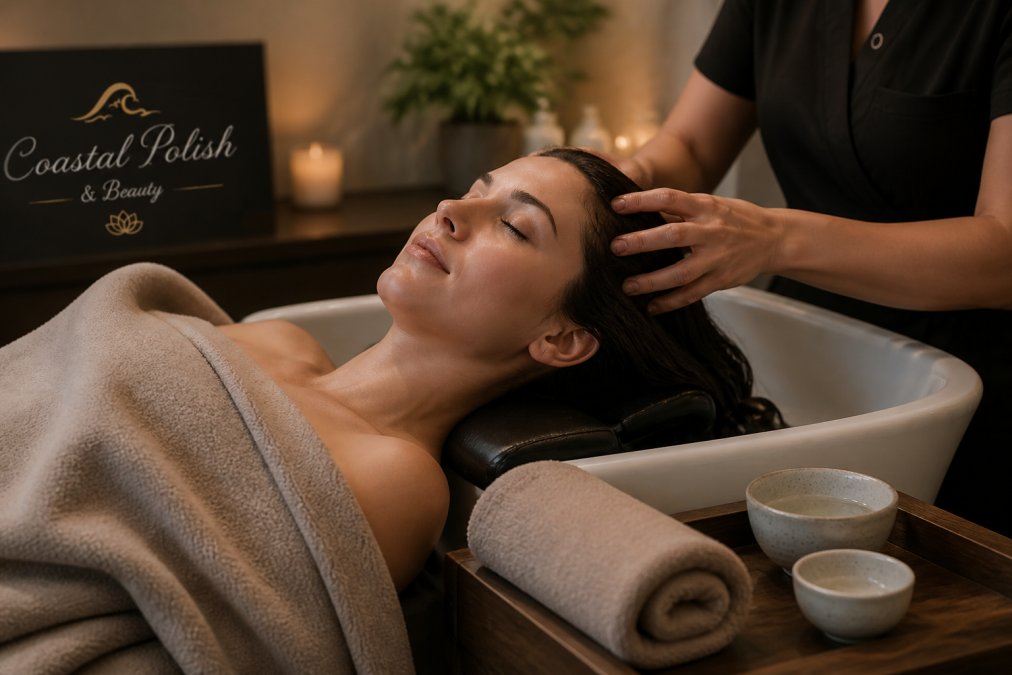 A relaxed woman reclining on a spa treatment bed with her eyes closed while a technician's hands gently massage her scalp, warm towel and small ceramic bowls of water nearby, soft neutral tones in a calm treatment room