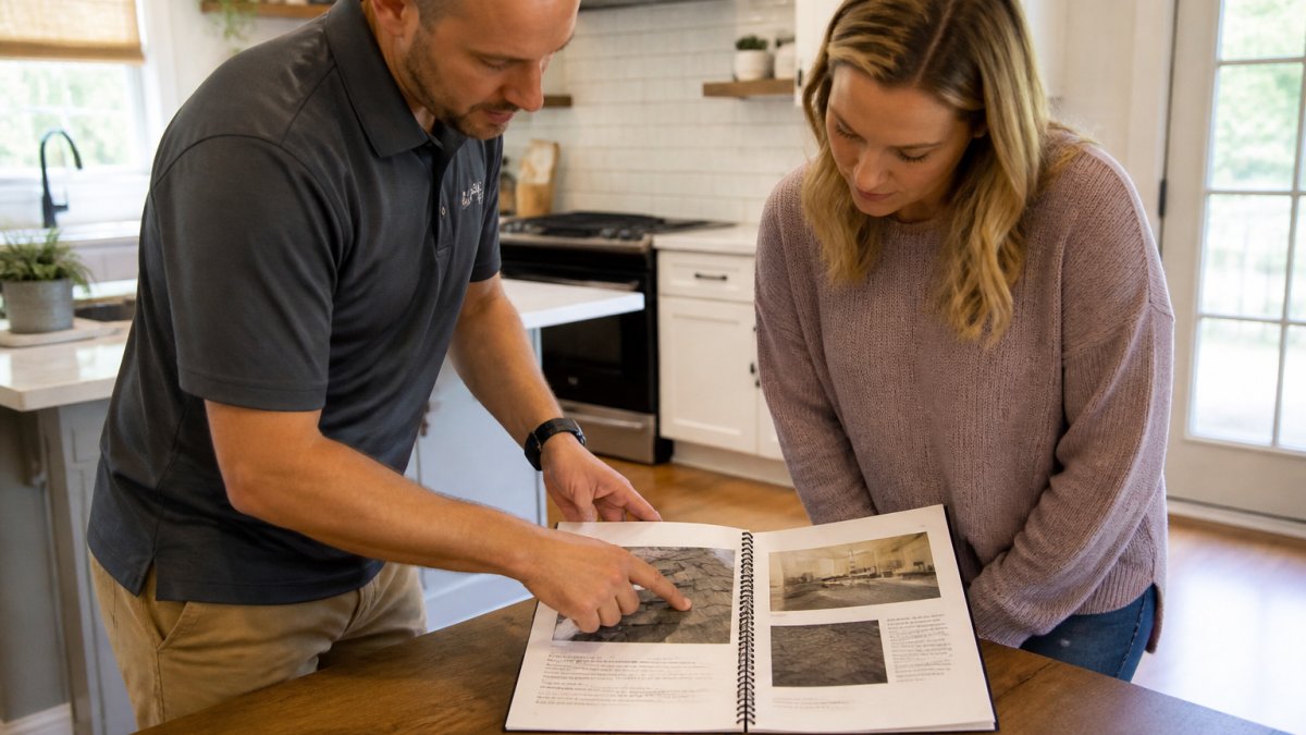 Home inspectors reviewing a report with a client, illustrating the process of identifying roof defects.