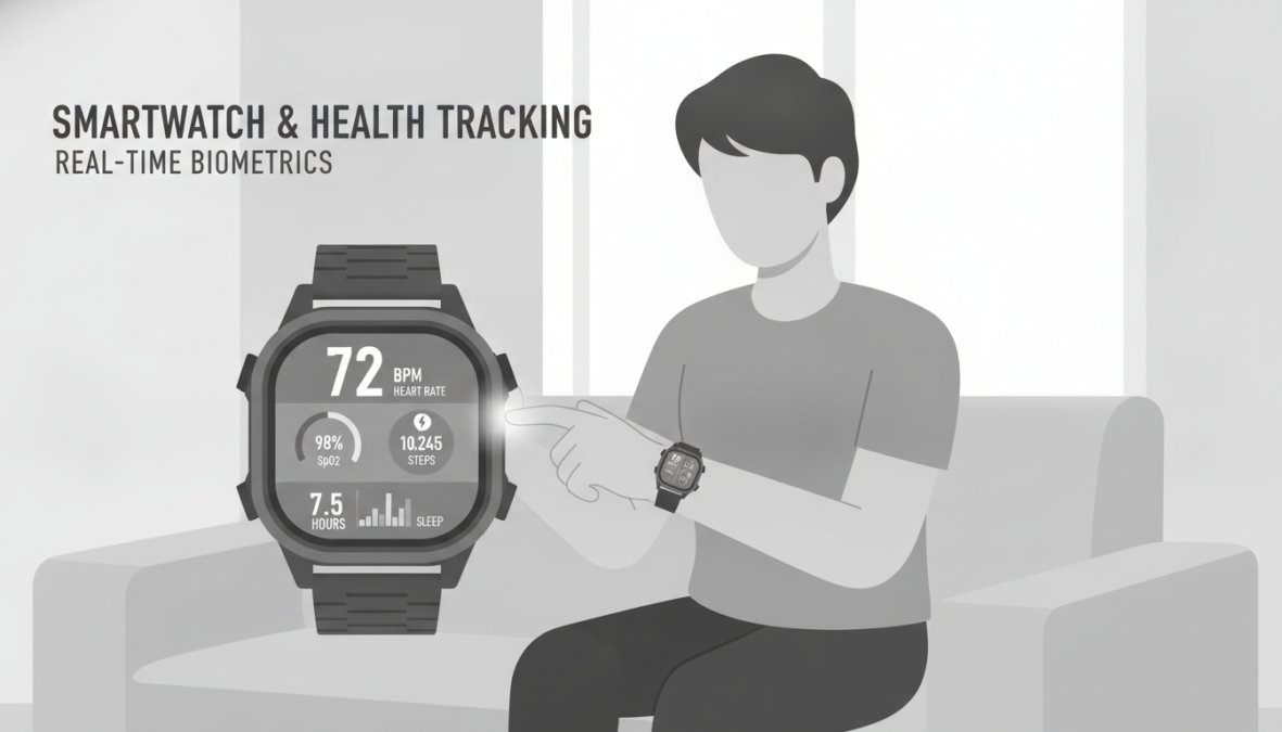 Person wearing a smartwatch and checking health metrics on their wrist while sitting in a bright, modern living room with natural lighting