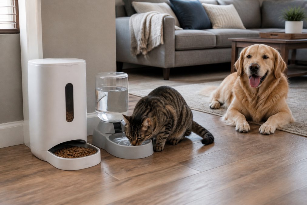A cozy living room scene showing an automatic pet feeder and a gravity-fed pet water bowl on a clean floor, with a happy cat drinking from the bowl and a dog resting nearby