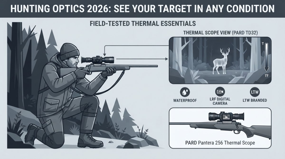 Hunter in early morning darkness using thermal imaging scope mounted on rifle, showing clear heat signature of distant game in forested terrain
