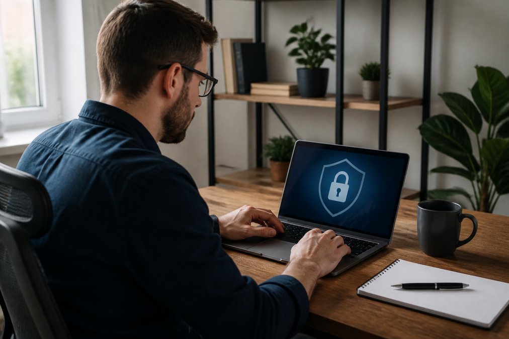 Professional working at desk reviewing identity protection software on laptop with secure padlock icon visible on screen