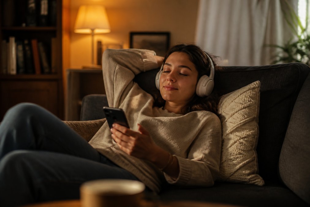 A young woman lying on a couch in a dimly lit living room, wearing wireless headphones, eyes closed, visibly relaxed and absorbed in listening to audio on her phone, warm lamplight casting a soft glow across the room