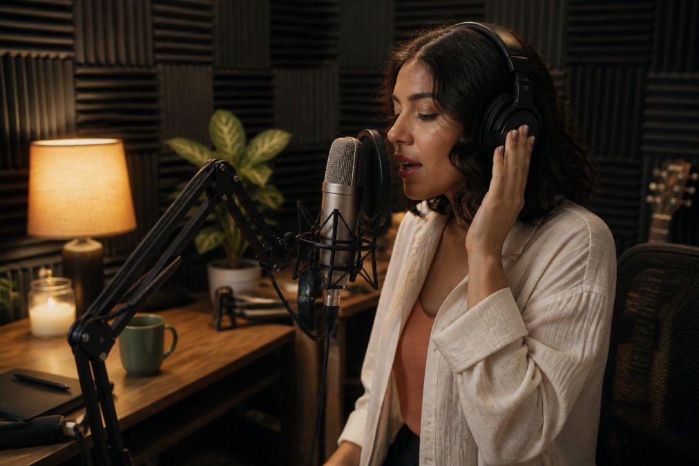 A voice actor in a small home recording studio, speaking into a professional microphone with acoustic foam panels covering the wall behind them, warm lamp lighting creating an intimate and focused atmosphere
