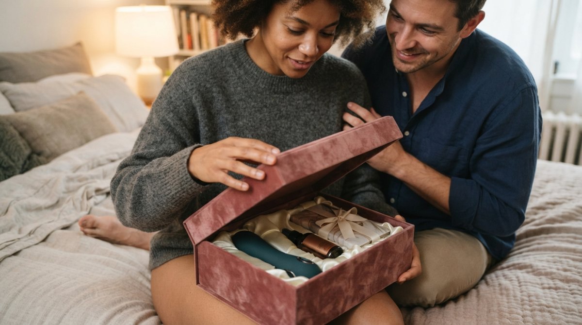 Close-up of hands carefully unpacking a beautifully curated intimate wellness bundle from a soft velvet box, with warm ambient lighting creating an intimate atmosphere