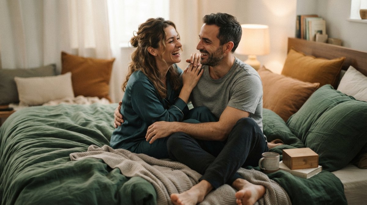 A couple laughing together in a cozy bedroom with soft warm lighting and luxurious bedding, their body language conveying comfort, trust, and playful connection