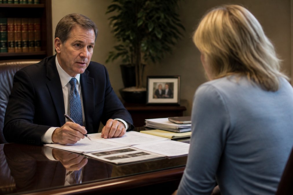Professional attorney in business attire meeting with patient in law office consultation room, discussing case details with medical records and documents on desk between them, natural office lighting