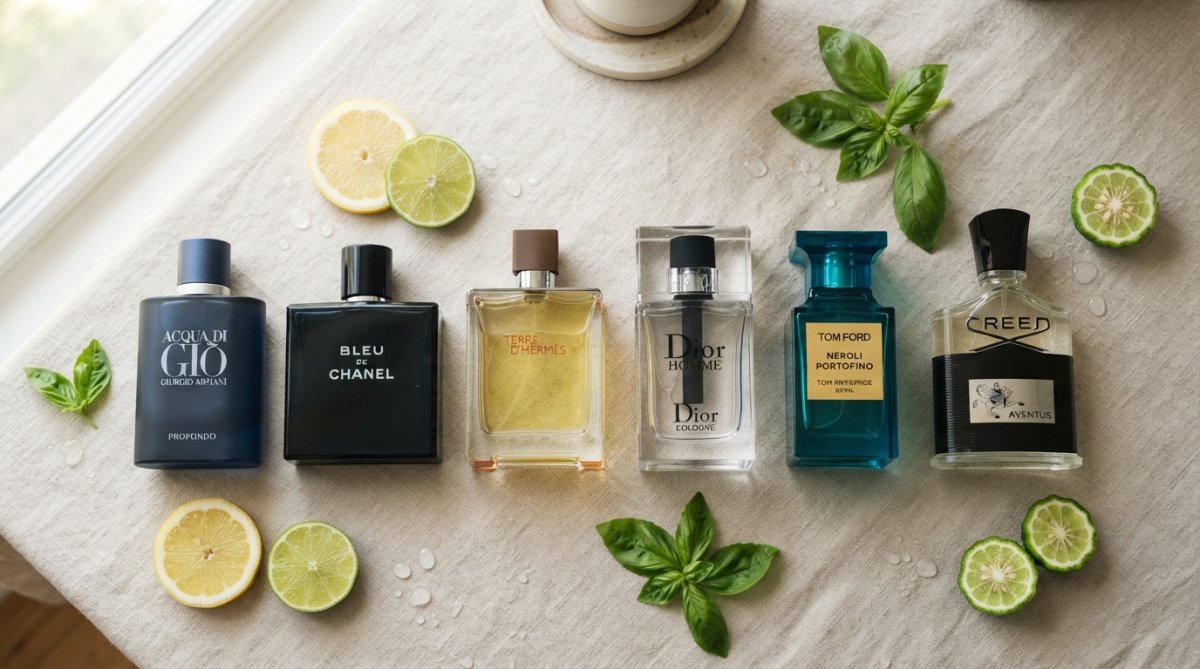 A flat lay of several premium men's fragrance bottles arranged on a light linen surface, with fresh citrus slices and green basil leaves scattered around them, bright natural sunlight casting soft shadows