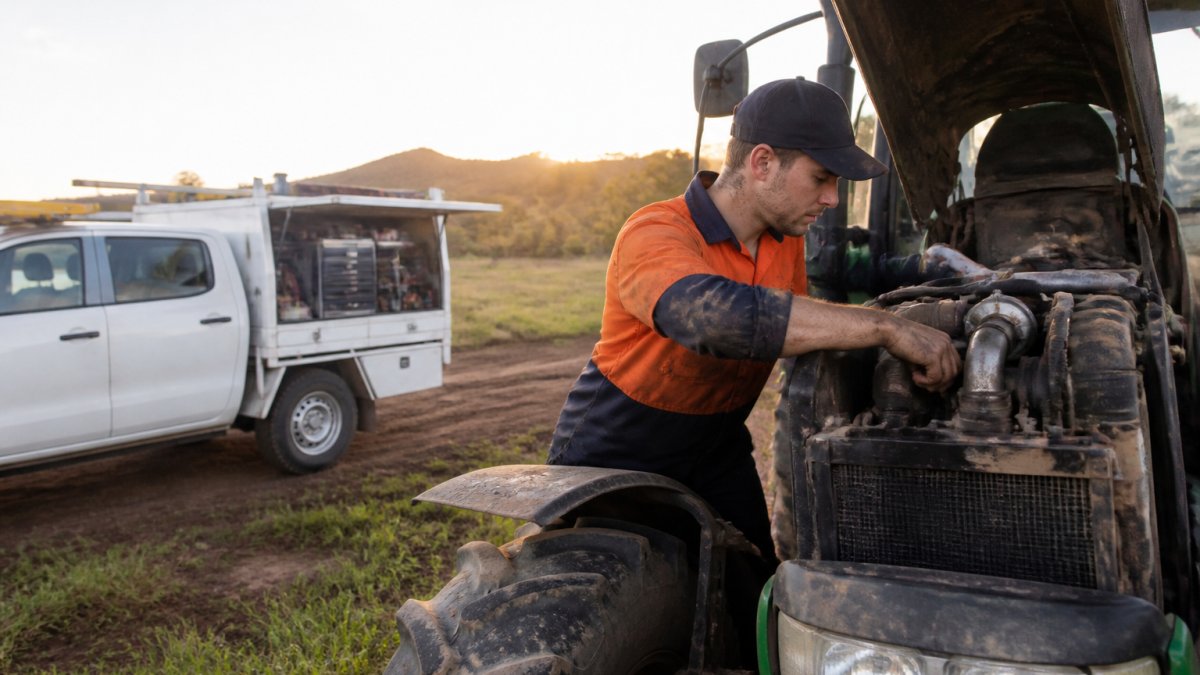 A field technician in work clothes inspecting a tractor engine on a rural Queensland farm, with a mobile service ute parked nearby in the background