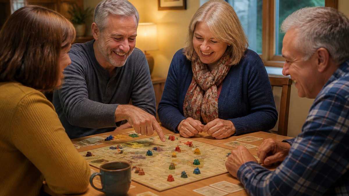 A group of adults in their 40s and 50s gathered around a wooden dining table playing a vintage board game, laughing and pointing at the board, with warm living room lighting and a coffee cup nearby