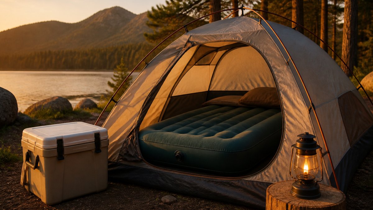 A campsite at golden hour with a pitched tent, an inflatable camping mattress laid out inside, a cooler beside the entrance, and a lantern glowing on a nearby log