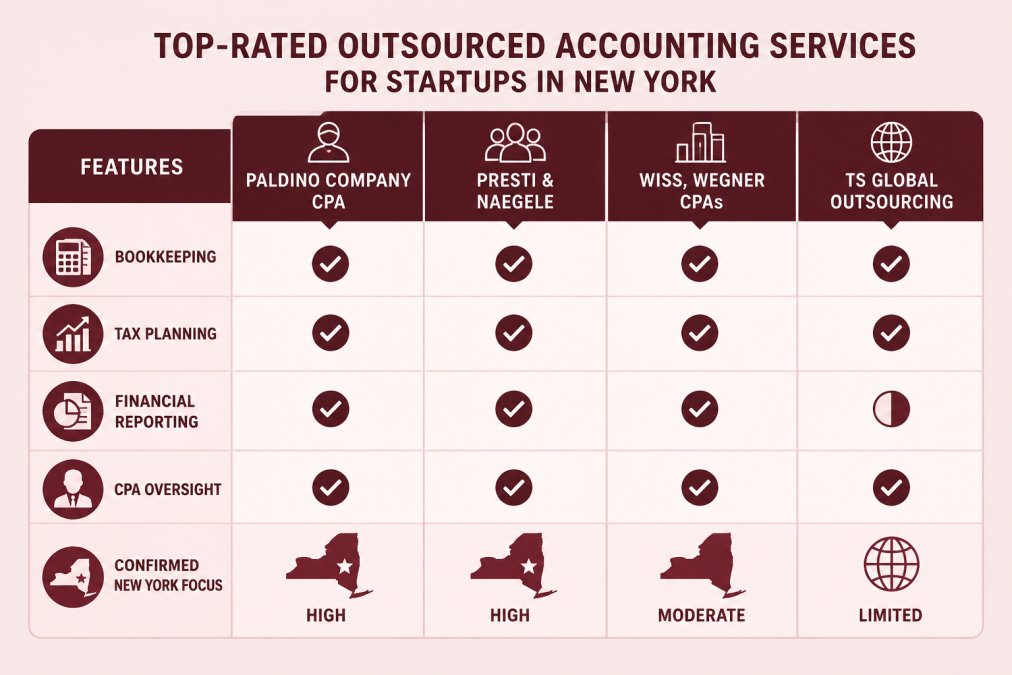 Feature comparison matrix of outsourced accounting providers for New York startups, rating Paldino Company CPA, Presti & Naegele, Wiss, Wegner CPAs, and TS Global Outsourcing across bookkeeping, tax planning, financial reporting, CPA oversight, and confirmed New York focus