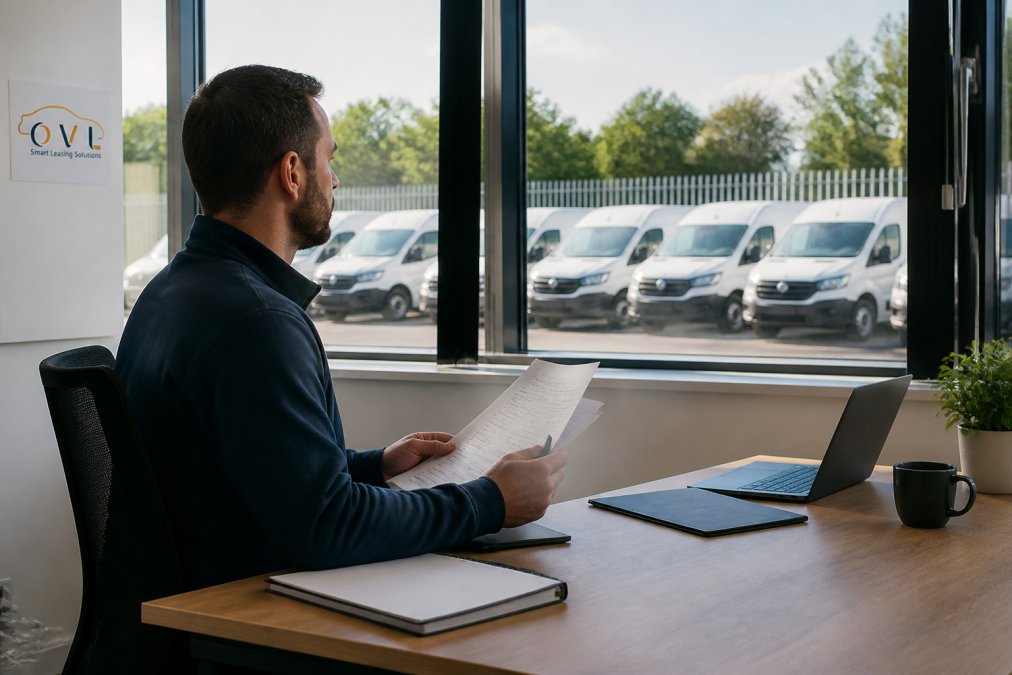 A fleet manager in a bright Oxfordshire office reviewing a van compliance dashboard on a large monitor, with a row of white vans visible through the window behind them