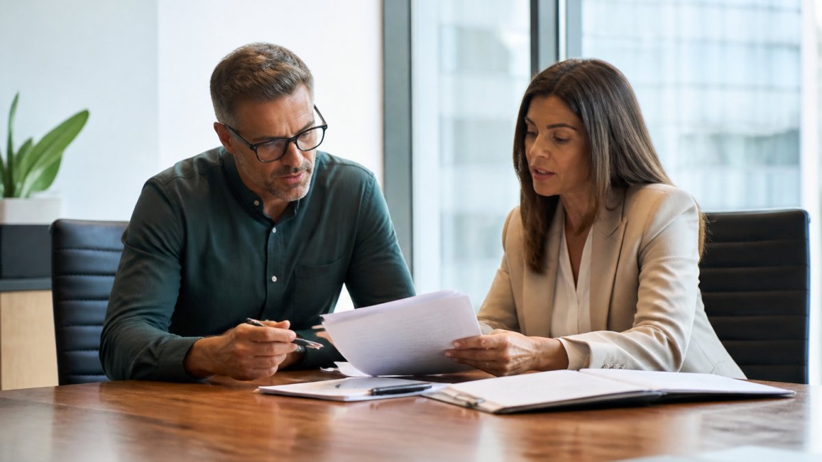 A small business owner and an HR consultant reviewing compliance documents together at a conference table in a bright office