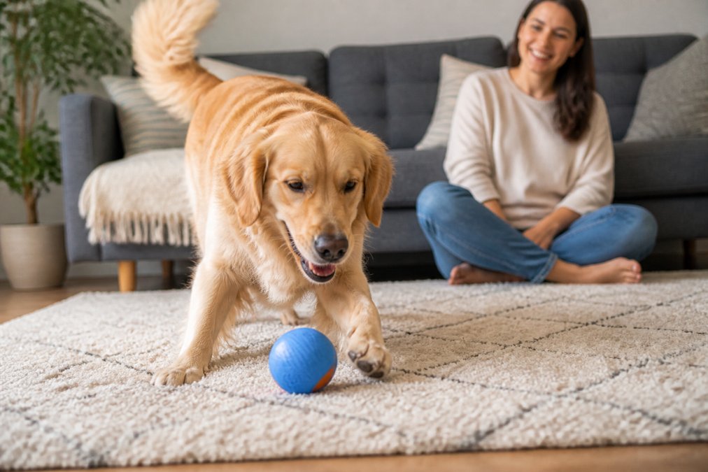 Golden retriever playing with a blue rolling ball, a pet care essentials gadget for interactive home enrichment.