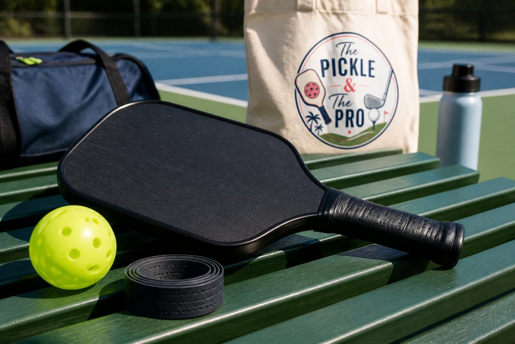 Close-up of a pickleball paddle resting on a court bench with a ball and grip tape nearby, natural sunlight