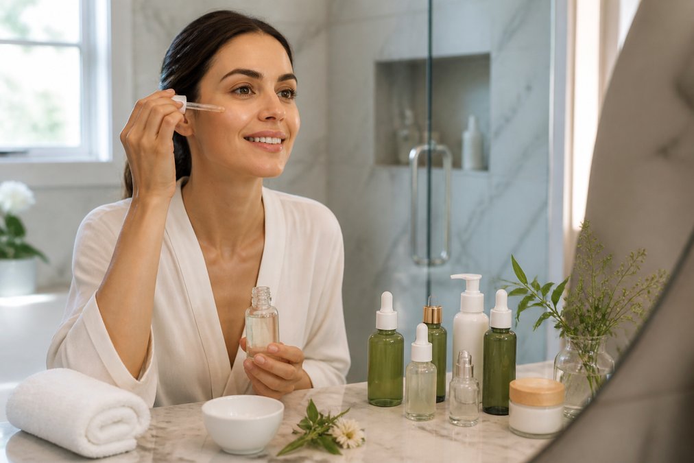 A woman in her 30s applying serum to her face in a bright bathroom, with plant-based skincare bottles arranged on a marble countertop