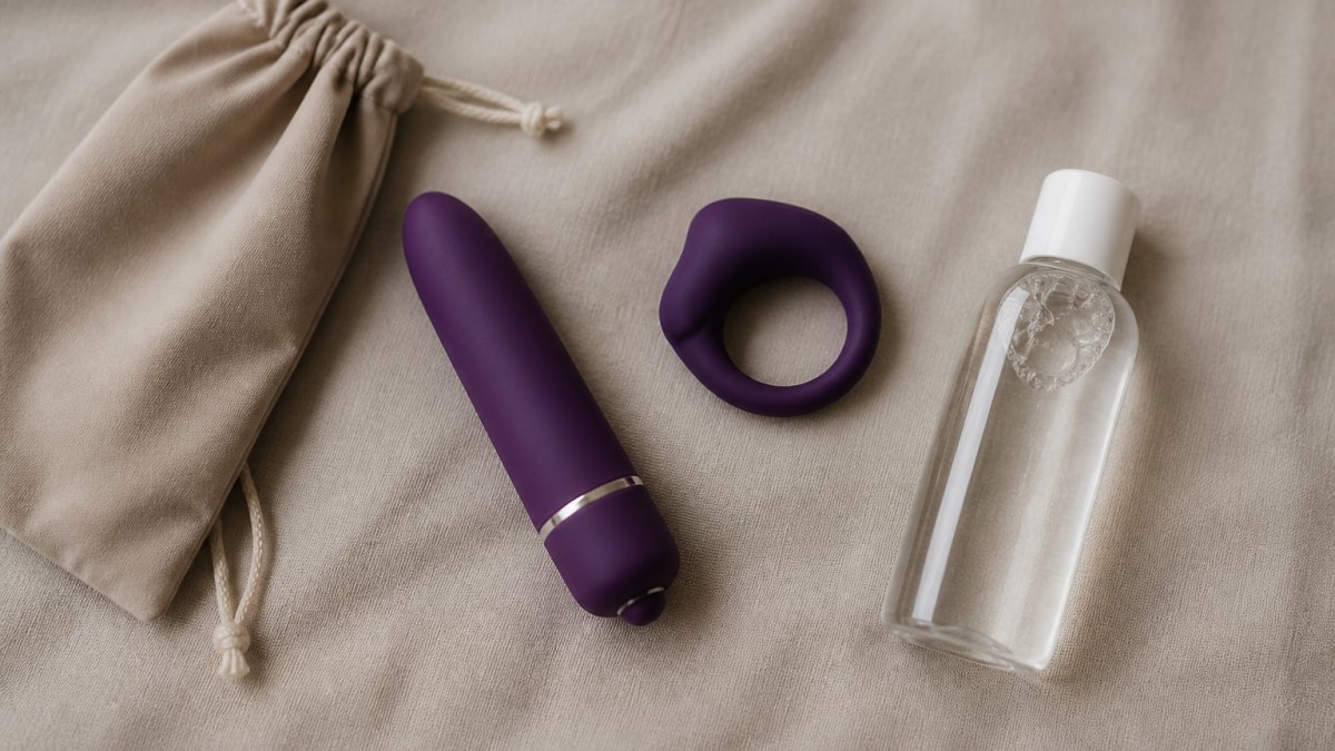 A well-lit flat lay of several sleek pleasure accessories, including a bullet vibrator, a couples' ring, and a small bottle of toy cleaner, arranged on a soft neutral fabric background with a discreet storage pouch nearby