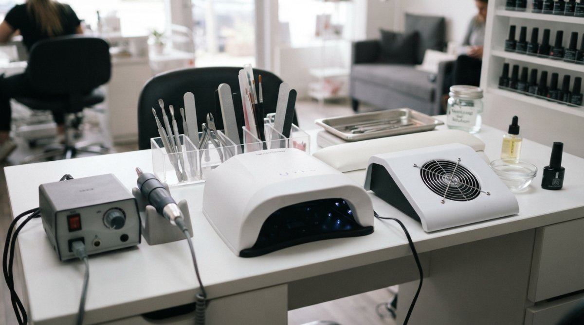 Professional nail salon equipment including an electric drill, UV lamp, and dust collector on a tidy desk.