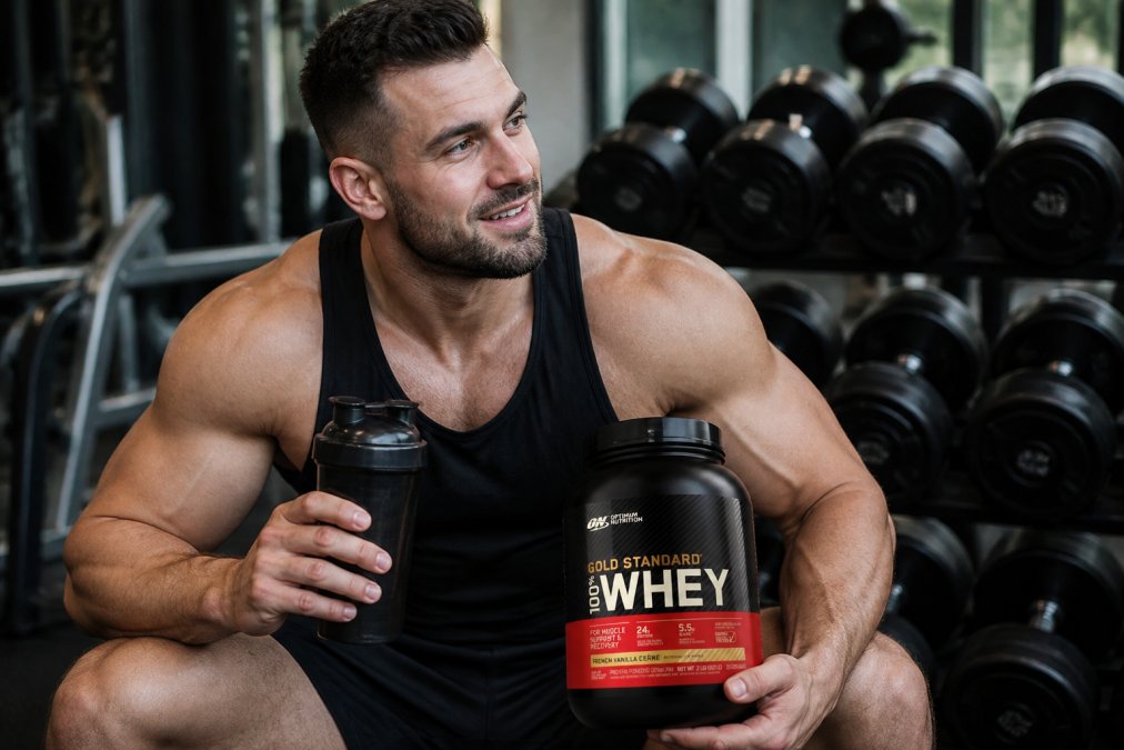 Muscular guy in a gym holding ON 100% Gold Standard top rated protein powder