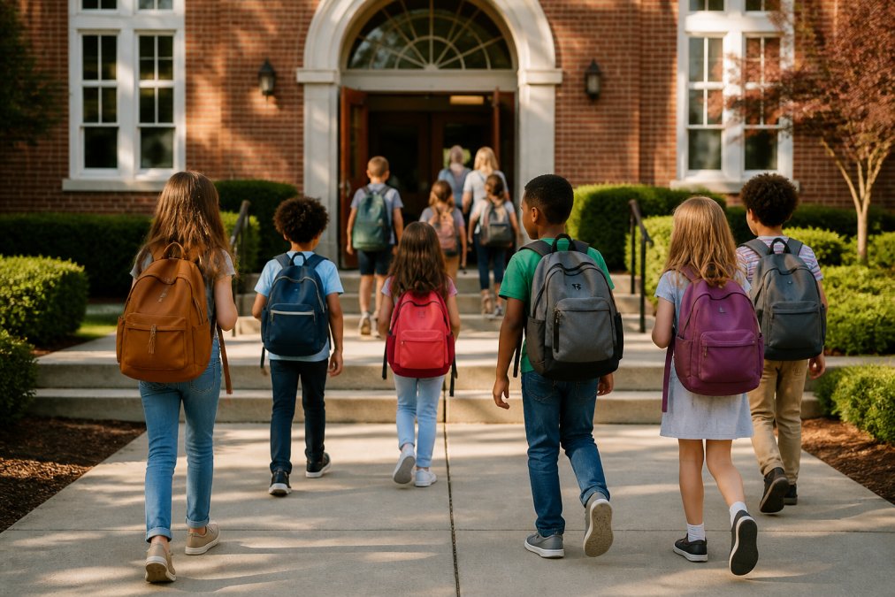 Diverse elementary students entering one of the top rated public schools in Nutley NJ on a sunny morning