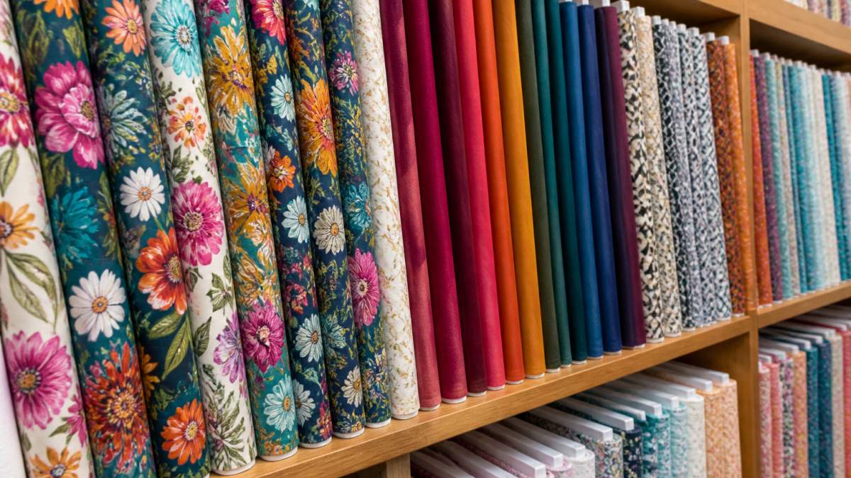 Close-up of colorful quilting fabric bolts arranged on display shelves, showing vibrant maximalist florals, solid jewel tones, and patterned geometric designs with natural lighting highlighting the texture and print details