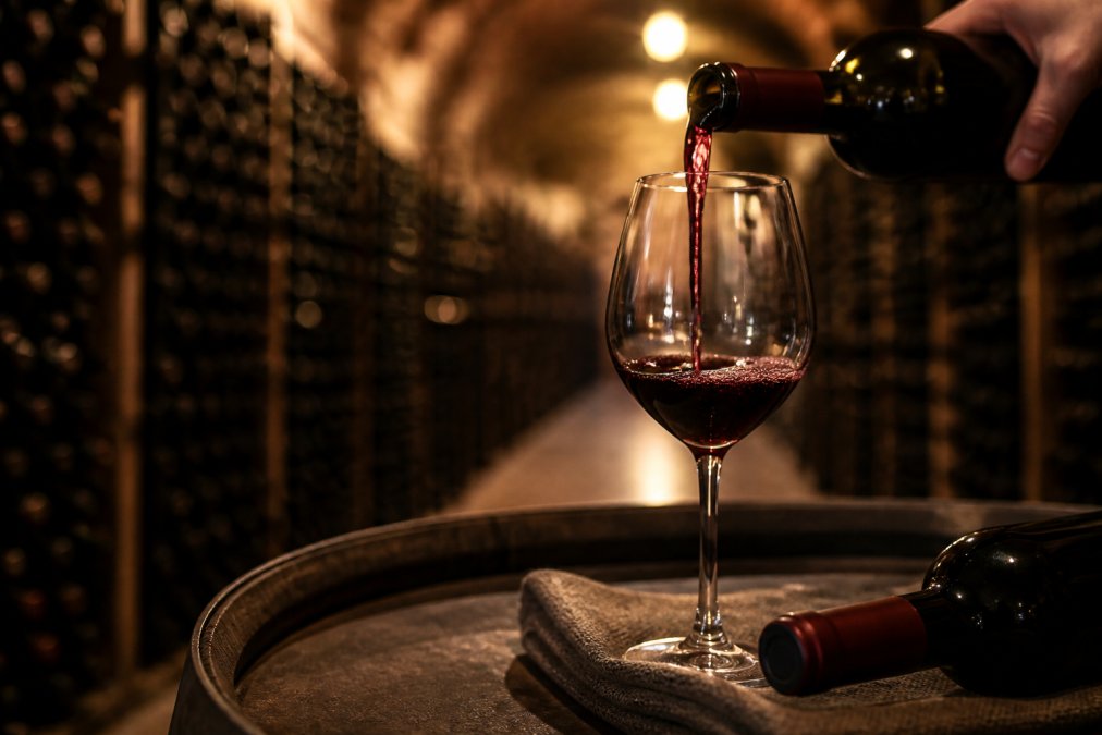 A hand pouring a deep ruby red wine into a glass in a dimly lit cellar, with rows of bottles visible in the background