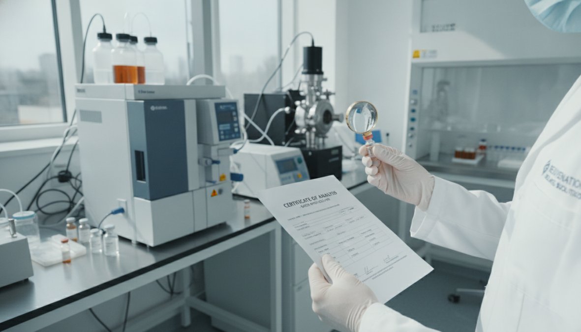 Laboratory technician examining peptide samples in glass vials under bright professional lighting, with HPLC equipment visible in background