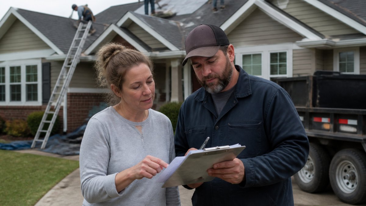 A homeowner and a roofing contractor in work clothes reviewing paperwork and a clipboard together in a driveway, with a house and ladder visible in the background