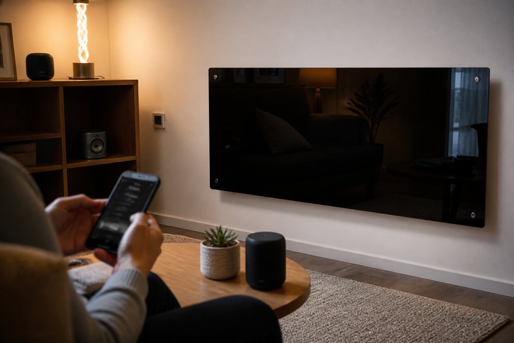 Modern living room with sleek black glass panel heater on the wall, smartphone in hand displaying app control interface, warm ambient lighting creating a comfortable atmosphere, and smart home devices visible on shelves