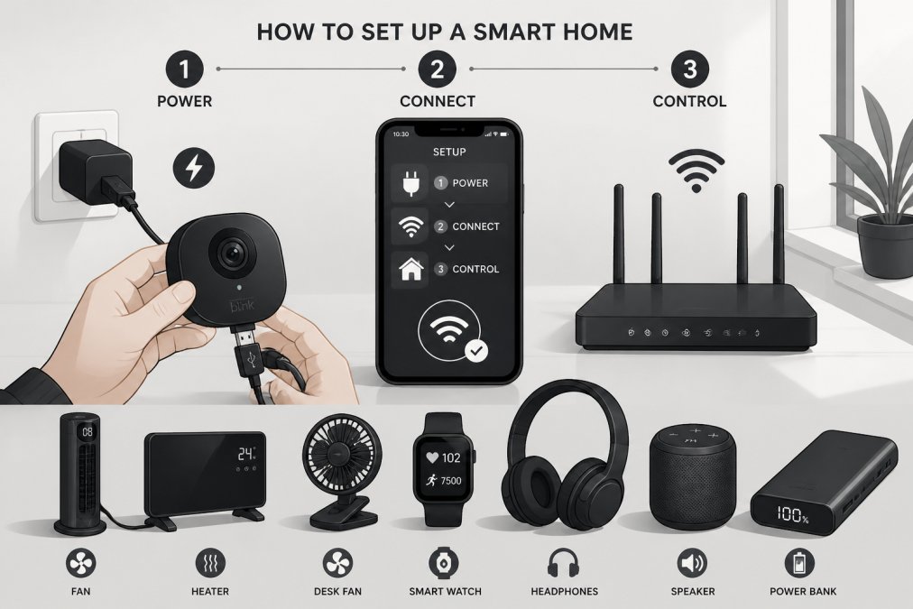 Close-up of hands connecting smart devices with USB cables, smartphone displaying setup instructions on screen, Wi-Fi router visible nearby, and various smart home gadgets arranged on a clean table with natural window lighting