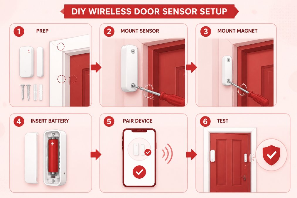 Homeowner installing a wireless security sensor on a door frame, showing the easy DIY setup process with the mounting hardware and device clearly visible