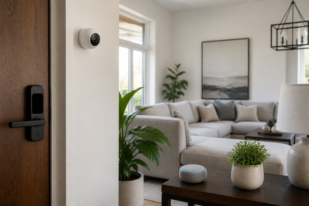 Modern living room with visible smart home devices including a wall-mounted security camera, smart lock on the entry door, and a voice assistant speaker on a side table, demonstrating integrated home automation