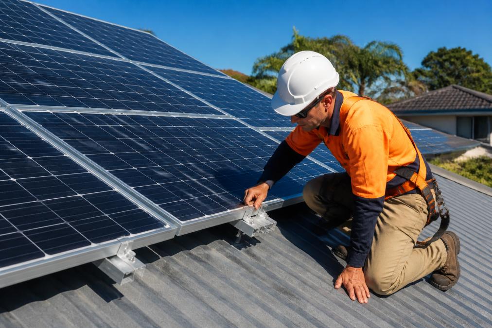 Close-up of a solar panel array on a residential rooftop under clear blue sky, with a technician in a high-vis shirt inspecting the mounting frame