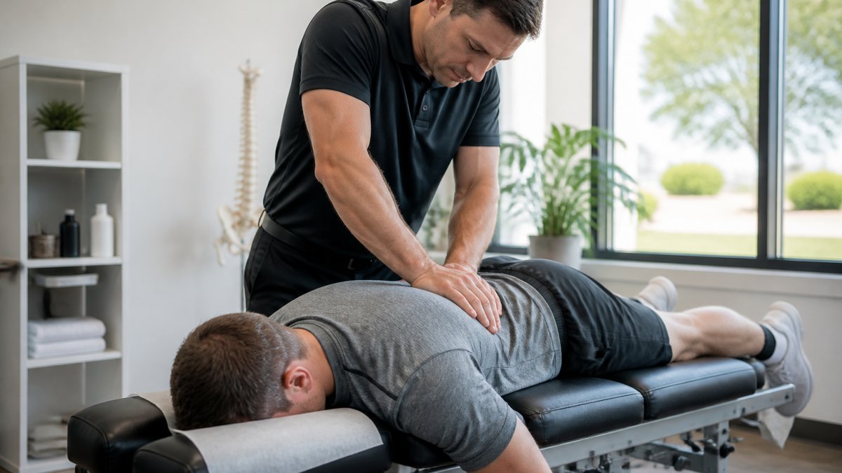Chiropractor performing spinal adjustment on athlete lying face-down on adjustment table in bright clinical setting with natural lighting