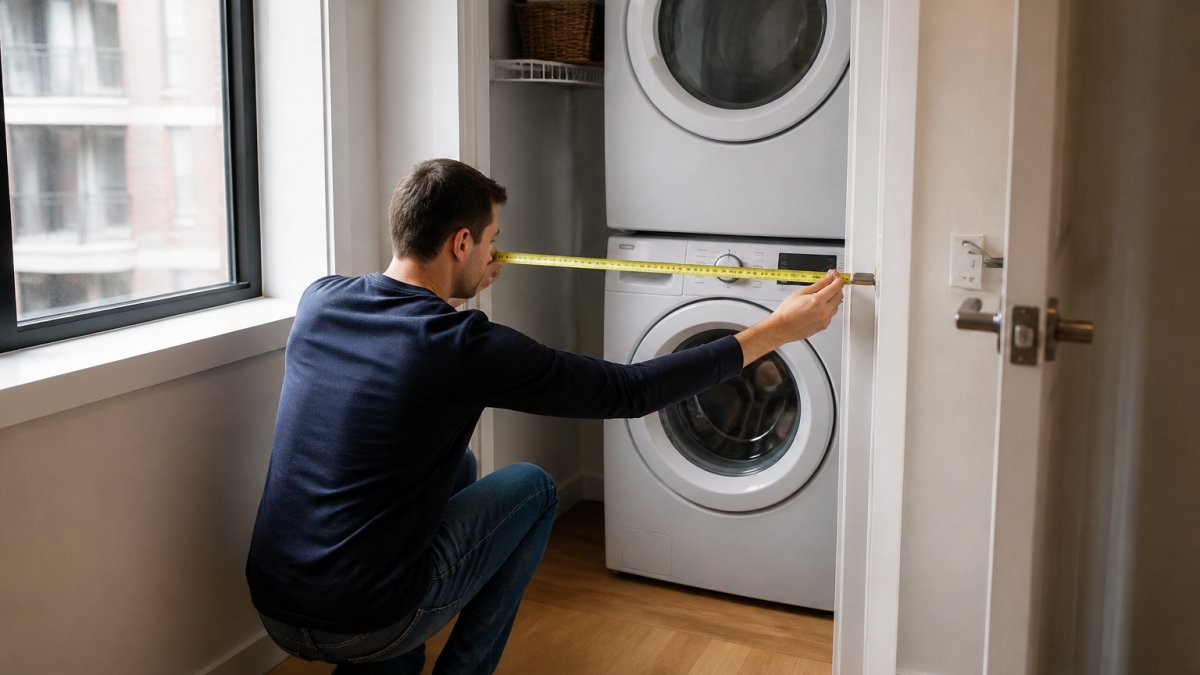 A person kneeling with a tape measure across the width of a narrow apartment laundry closet, a front-load washer and dryer stacked beside them, soft daylight from a nearby window