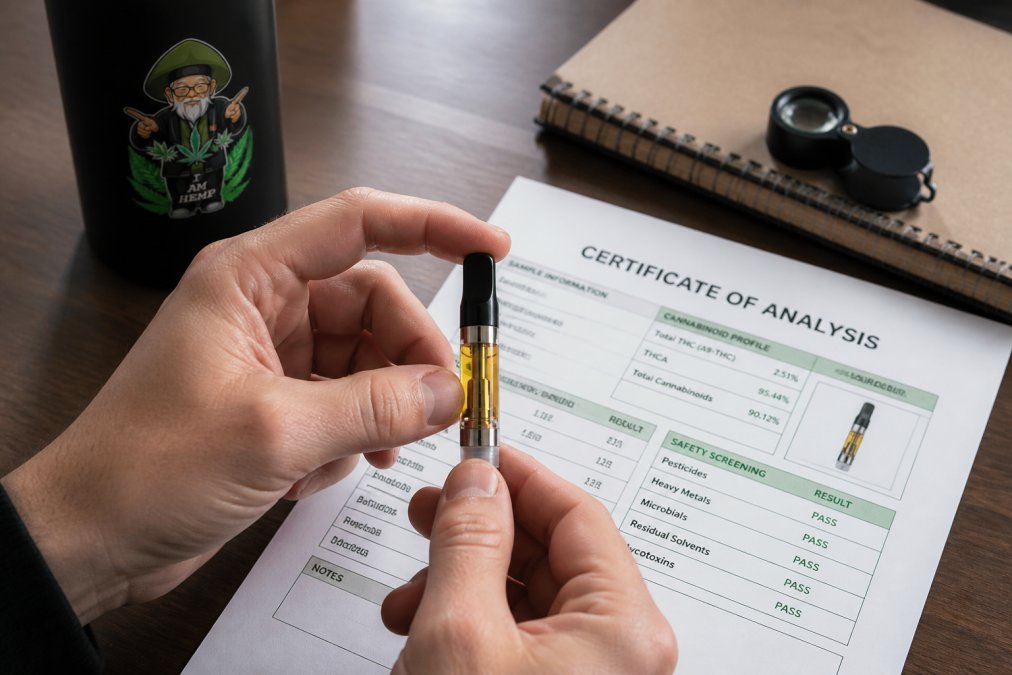 Hands holding a vape cartridge next to a printed lab certificate on a clean desk