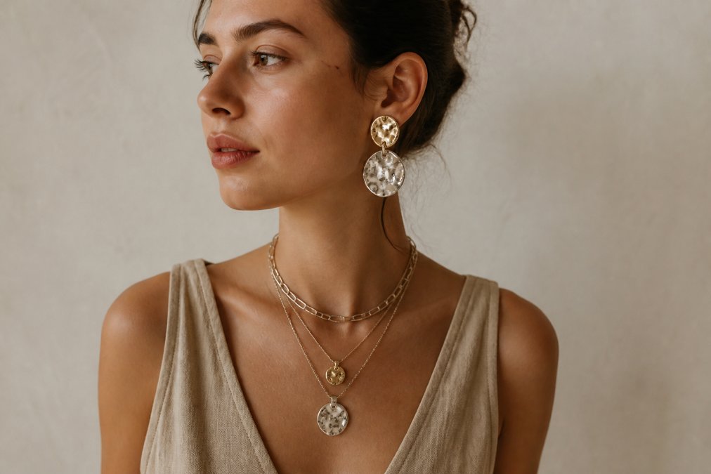 Woman wearing layered pendant necklaces with oversized sculptural earrings in mixed metals, showcasing textural drama and statement jewelry styling against neutral background with natural studio lighting