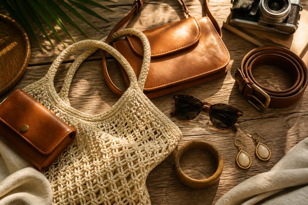 Flat lay of sustainable accessories including woven textures, organic-shaped leather goods, and vintage-inspired pieces arranged on natural wooden surface with soft natural lighting