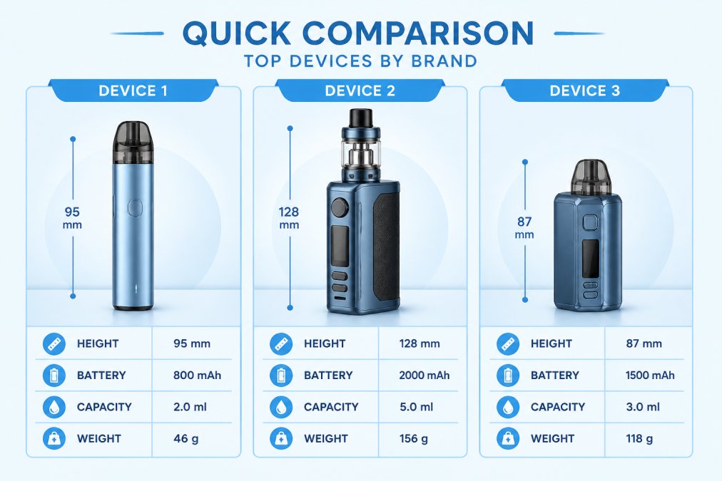 Close-up of three different vape devices arranged on a clean surface, showing their distinct designs and sizes side by side, with clear lighting highlighting build quality and materials