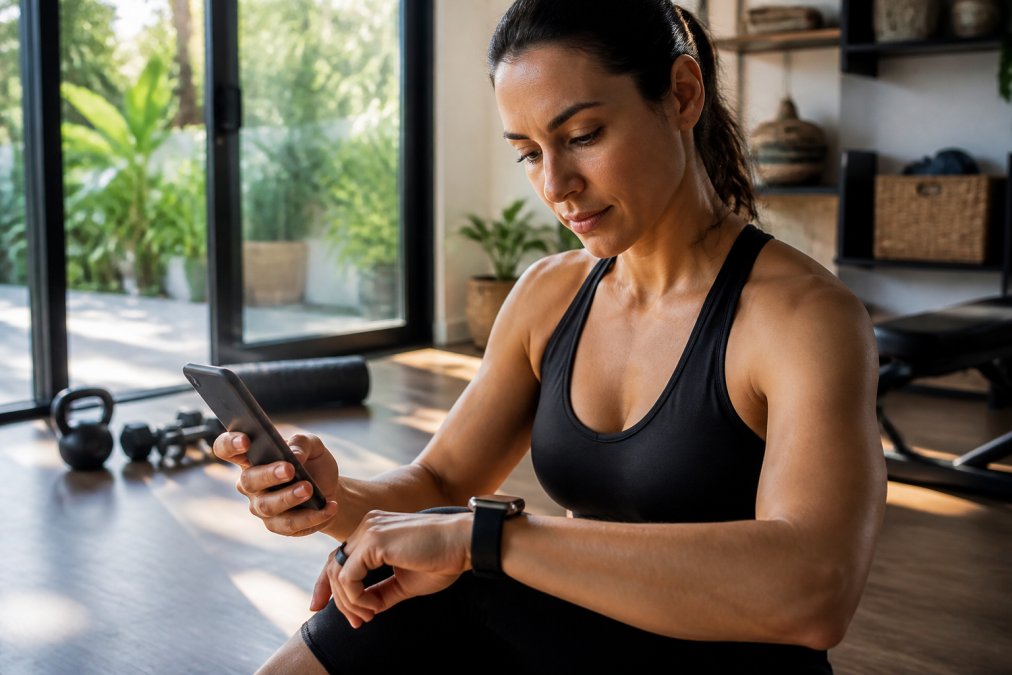 Person wearing a smart ring and smartwatch while checking biometric data on a smartphone in a modern home gym with natural morning light streaming through windows