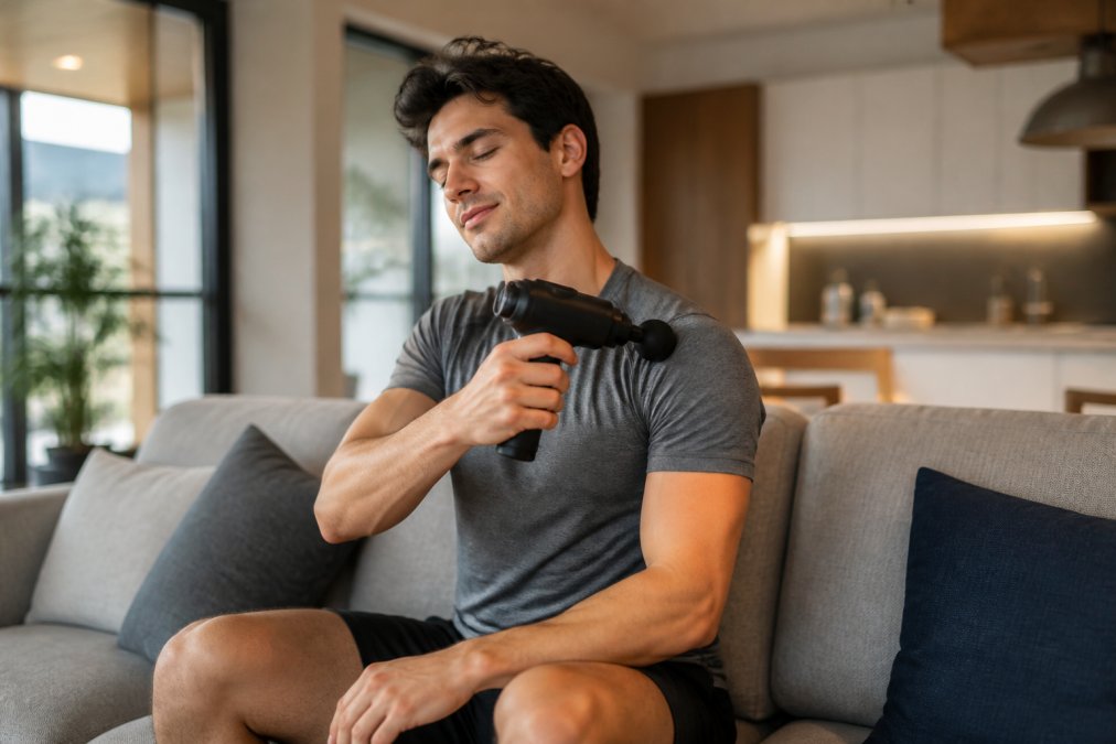 A person sitting on a modern sofa in a bright living room, using a black handheld massage gun on their shoulder muscle, relaxed expression