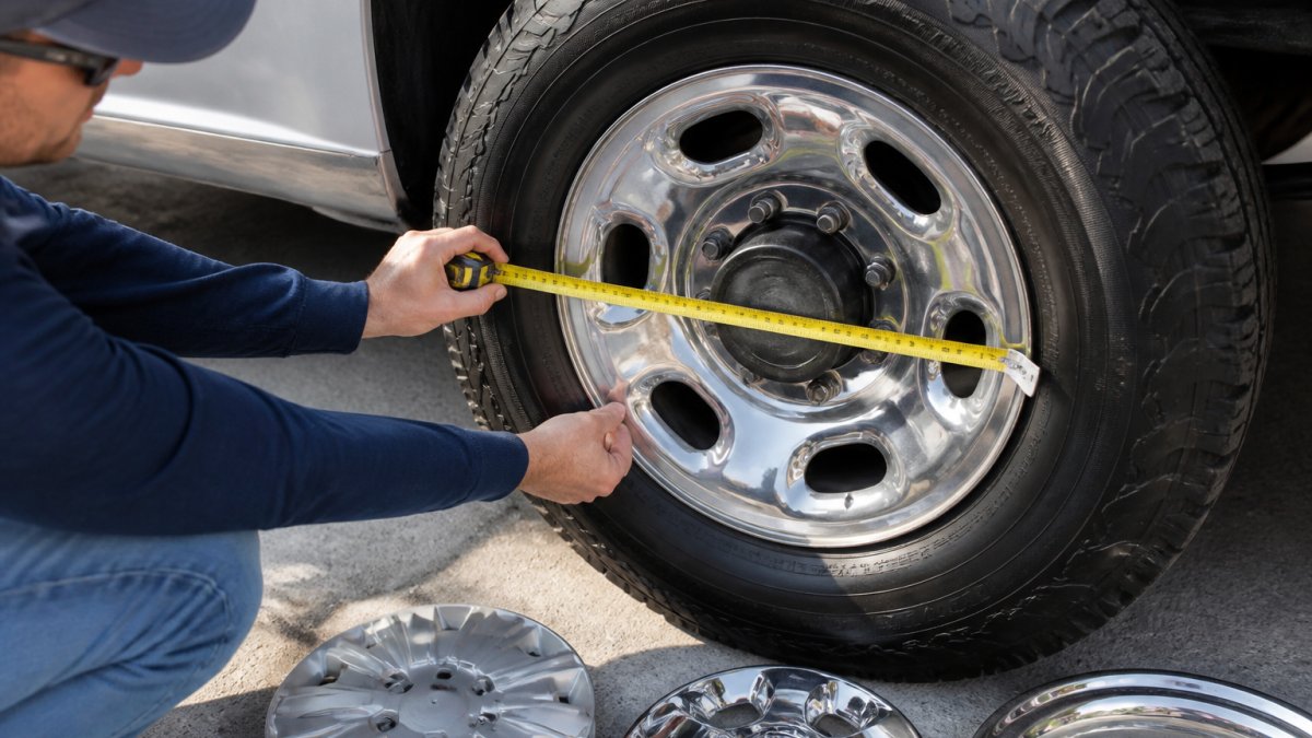 Close-up of a person using a tape measure across the rim of a truck wheel with the tire sidewall visible, parked in a driveway