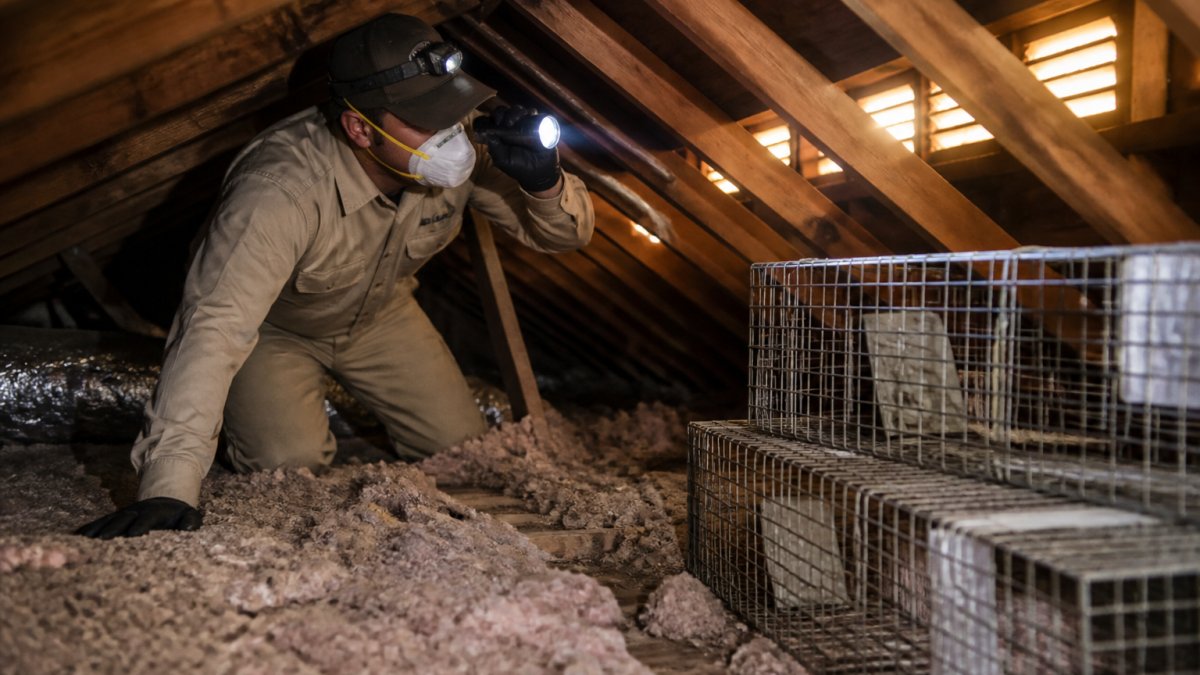 A uniformed wildlife technician in protective gear inspecting a residential attic with a flashlight, humane cage traps stacked nearby, warm afternoon light through roof vents