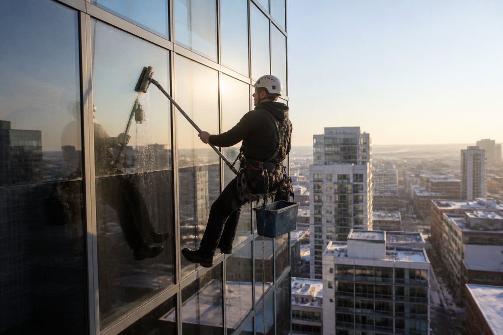 Professional window cleaner working on exterior of tall commercial building using water-fed pole system and safety harnesses, with city skyline and morning light in background
